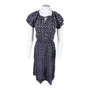 Destination 365 Petite Print Short-Sleeve Midi Dress w/ Smocking Black PS Size